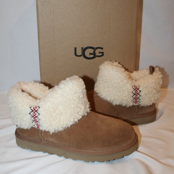 NIB UGG WOMEN'S ULTRA‎ MINI SUEDE SHEARLING LINED BRAID BOOTS CHESTNUT